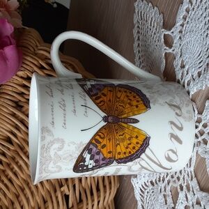 Butterflies Purple Orange French Script Music Score Background Porcelain Cup 8oz